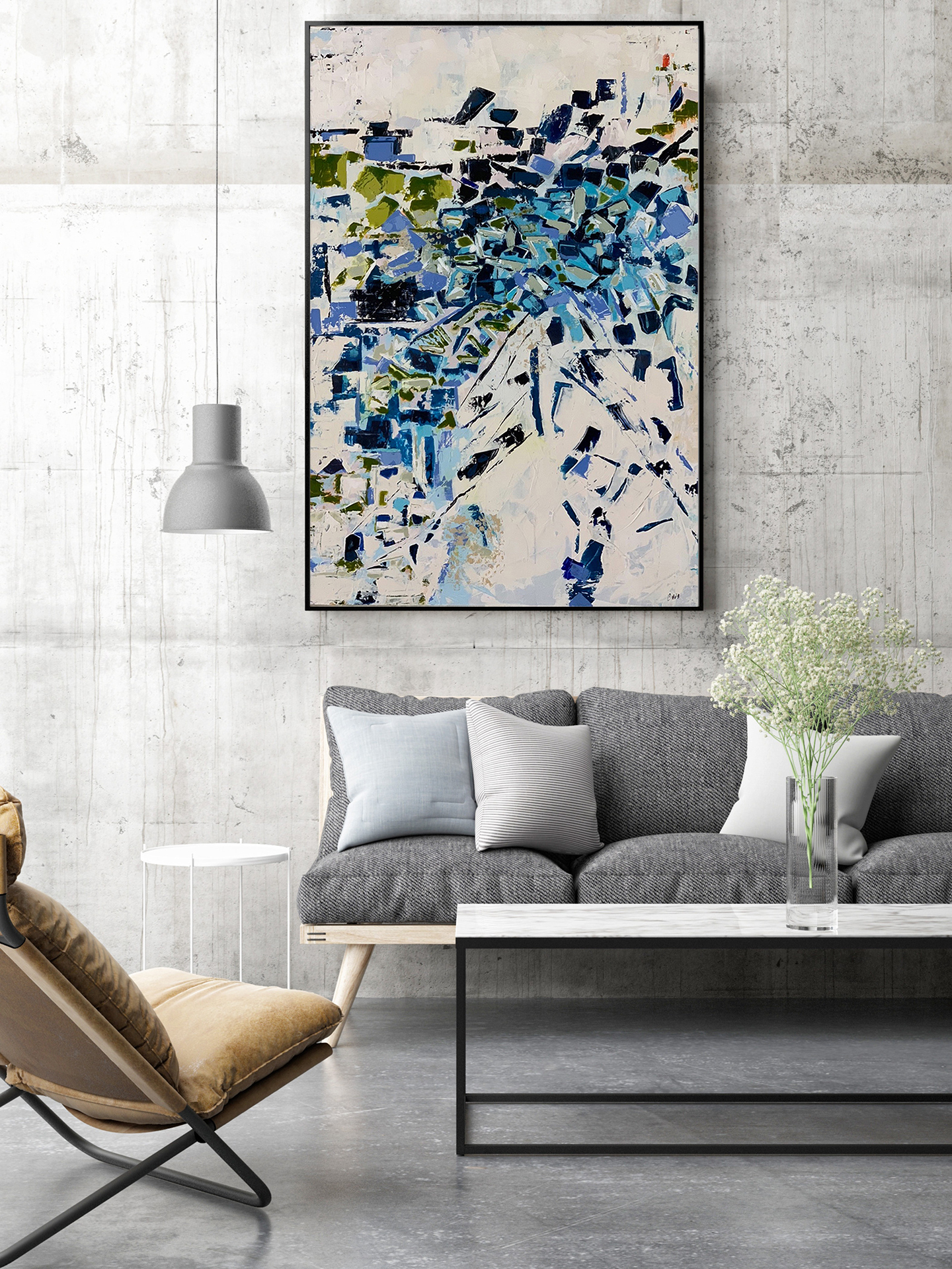 Painting by Janet Cava hanging in a modern living space | Blue Energy